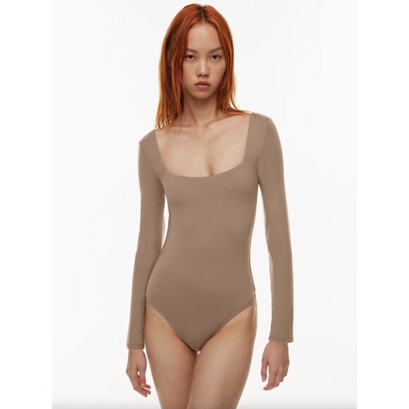 Babaton Aritzia Contour Squareneck Longsleeve Bodysuit Taupe Small Second Skin - Picture 1 of 7